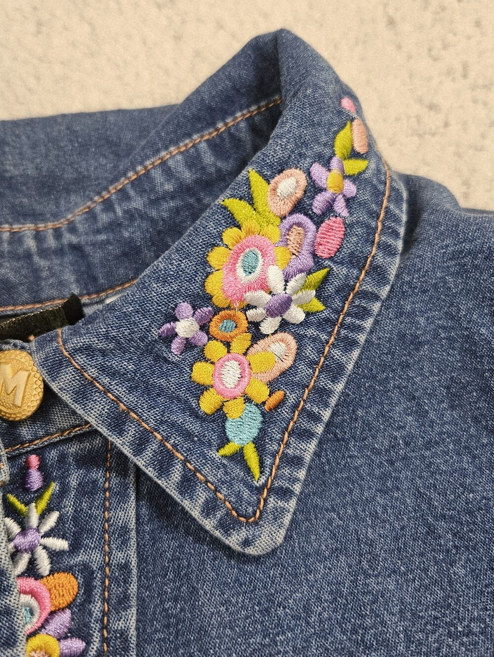 VTG Y2K Bob Mackie Wearable Art Embroidered Denim Shirt Maypole Floral Womens L - Picture 6 of 11